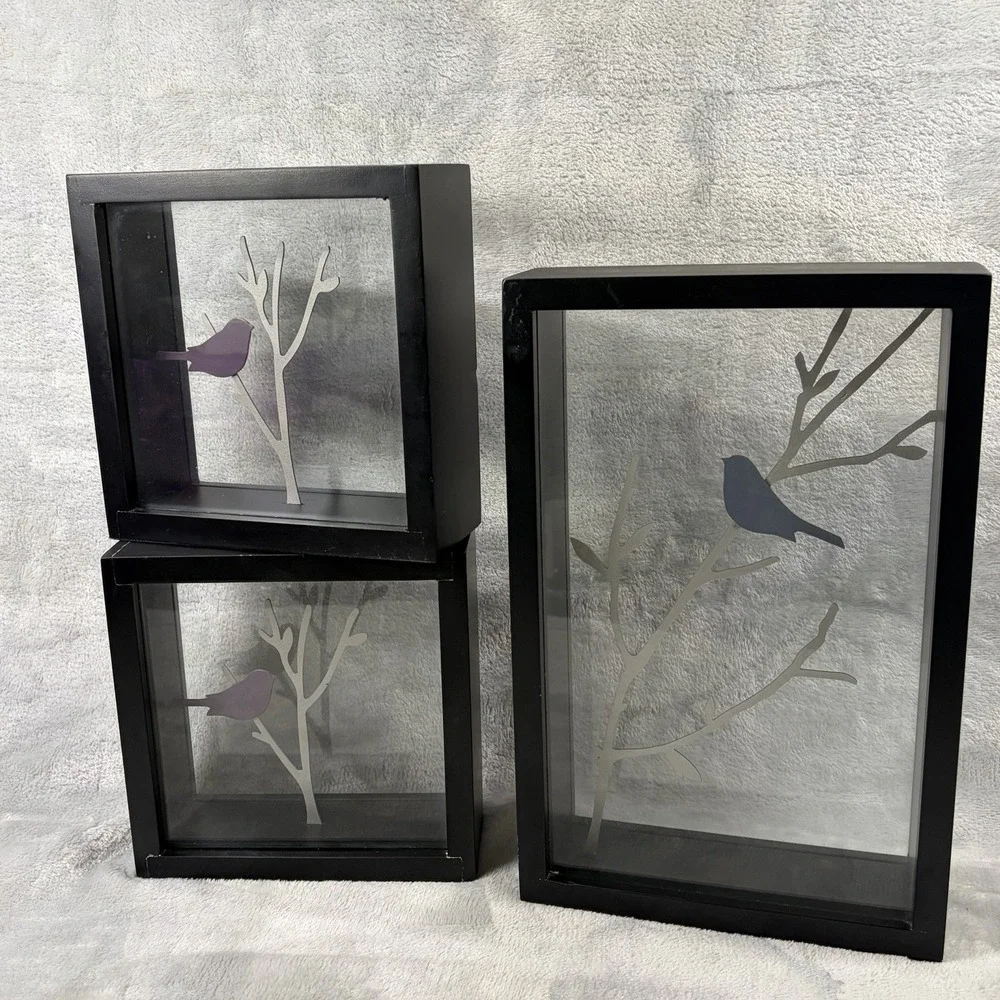Bird Silhouette Shadow Box Decor Set of 3 Black Frame Glass‎ Branch Modern